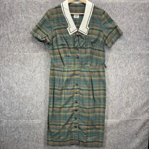 True Vintage 50 60s Shirt Waist Day Dress Women's Medium Green Plaid Cotton USA